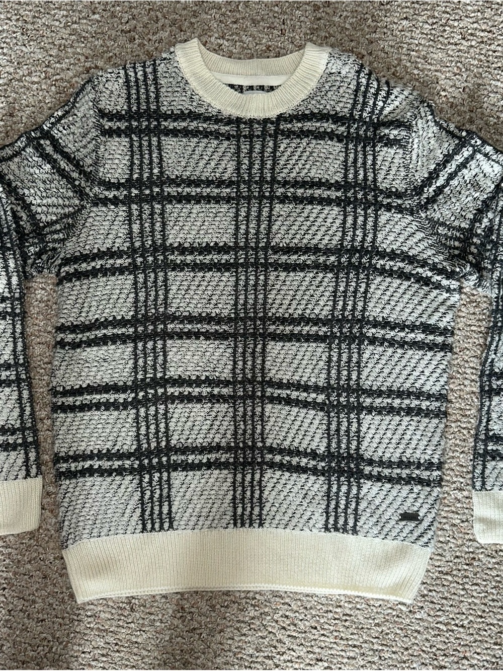 ONLY & SONS Cream and Black Plaid Crewneck Sweater